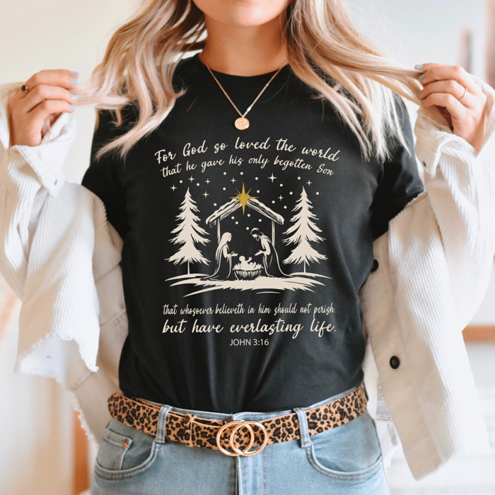 For God So Loved The World Graphic Tee, Chirstmas, Birth Of Jesus Holiday Shirt 