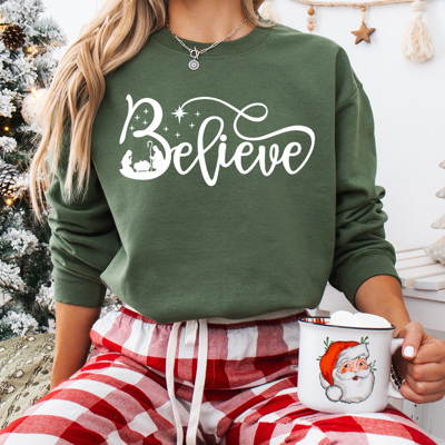 Nativity Believe Fleece Sweatshirt, Holly Night Graphic Sweatshirt, Jesus Holiday Pullover 