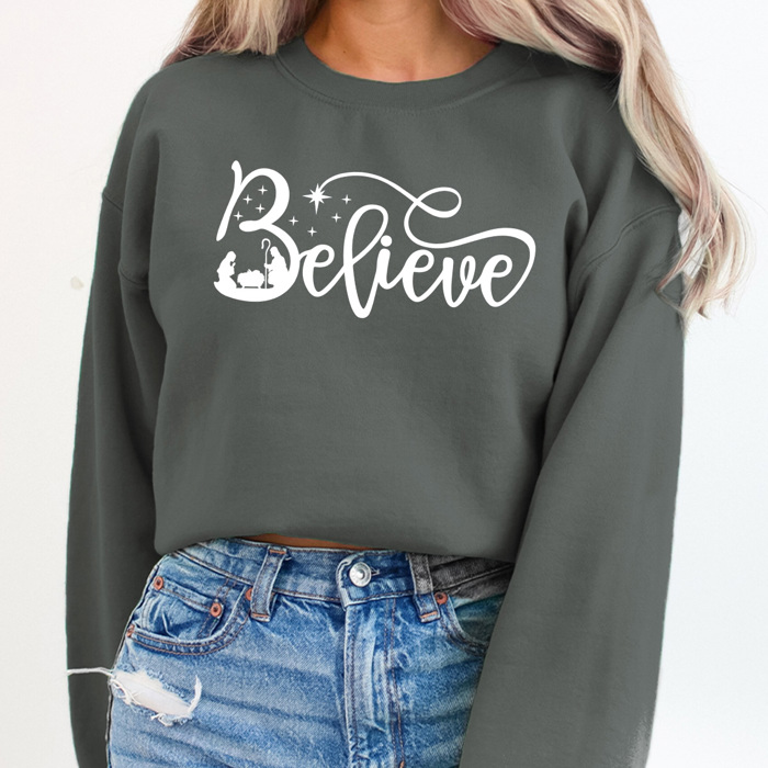 Nativity Believe Fleece Sweatshirt, Holly Night Graphic Sweatshirt, Jesus Holiday Pullover 