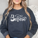 Small Denim Nativity Believe Fleece Sweatshirt, Holly Night Graphic Sweatshirt, Jesus Holiday Pullover 