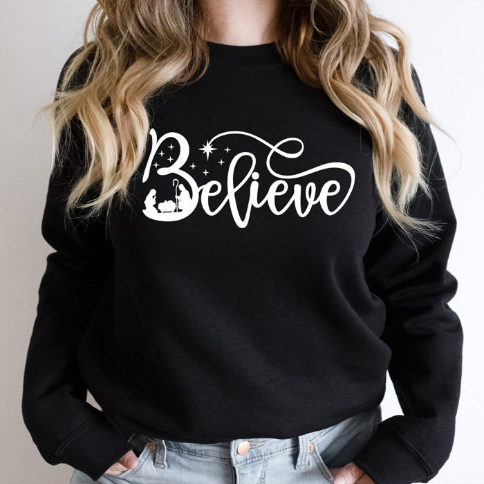 Nativity Believe Fleece Sweatshirt, Holly Night Graphic Sweatshirt, Jesus Holiday Pullover 