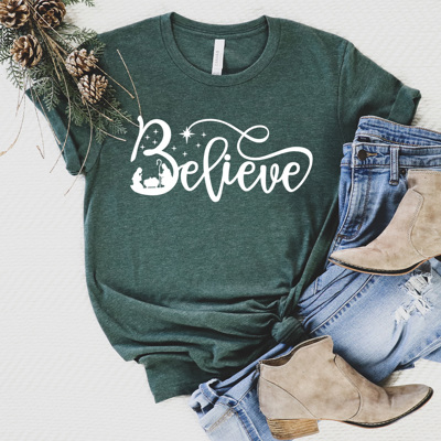 Believe Nativity Graphic Tee, Jesus Birth Printed Tee, Christmas Shirt 