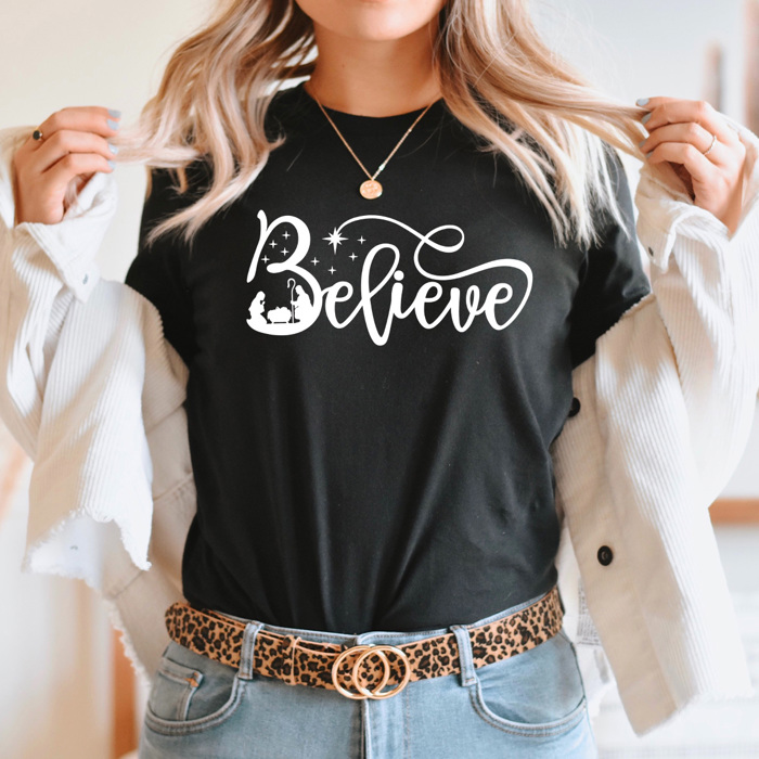 Believe Nativity Graphic Tee, Jesus Birth Printed Tee, Christmas Shirt 