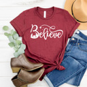 Small Maroon Believe Nativity Graphic Tee, Jesus Birth Printed Tee, Christmas Shirt 