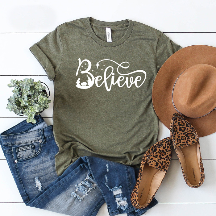 Believe Nativity Graphic Tee, Jesus Birth Printed Tee, Christmas Shirt 