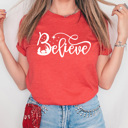 Small Heather Red Believe Nativity Graphic Tee, Jesus Birth Printed Tee, Christmas Shirt 