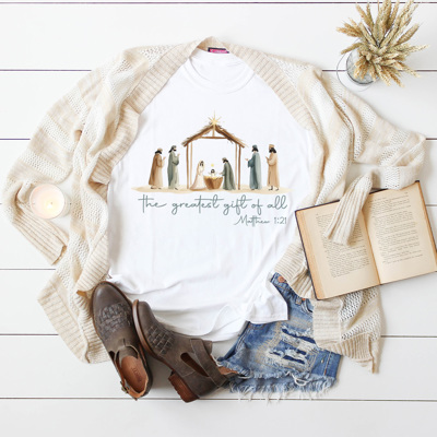 The Greatest Gift Of All Graphic Tee, Christmas Nativity Shirt, Jesus Birth Watercolor Tee