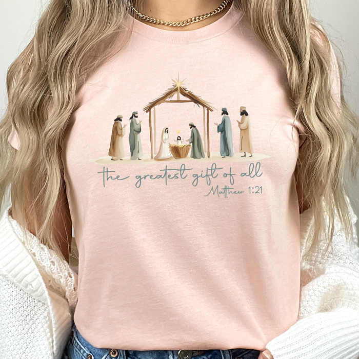 The Greatest Gift Of All Graphic Tee, Christmas Nativity Shirt, Jesus Birth Watercolor Tee