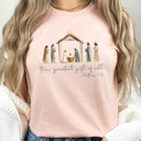 Small Peachy The Greatest Gift Of All Graphic Tee, Christmas Nativity Shirt, Jesus Birth Watercolor Tee
