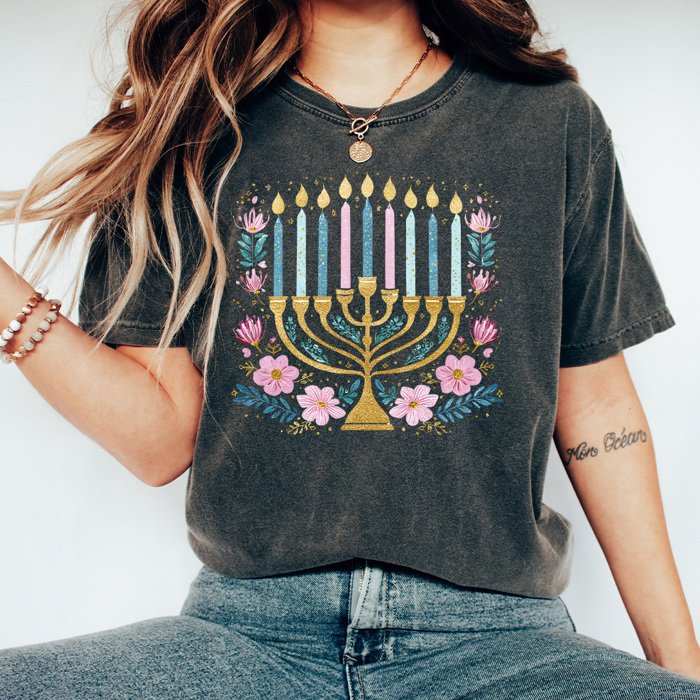 Hanukkah Menorah Comfort Colors Tee, Festival Of Lights Tee, Jewish Holiday Shirt, Faux Glitter Floral Menorah Graphic