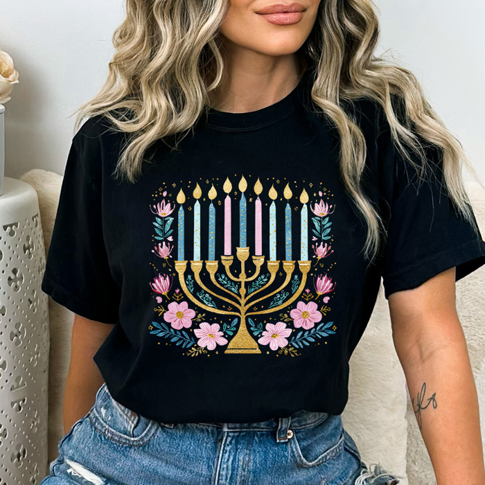 Hanukkah Menorah Comfort Colors Tee, Festival Of Lights Tee, Jewish Holiday Shirt, Faux Glitter Floral Menorah Graphic