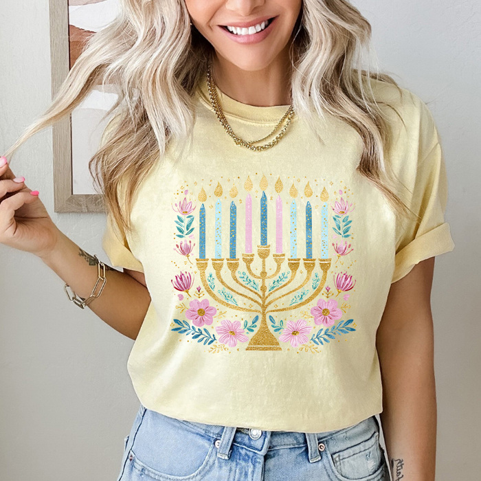 Hanukkah Menorah Comfort Colors Tee, Festival Of Lights Tee, Jewish Holiday Shirt, Faux Glitter Floral Menorah Graphic