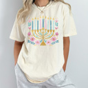 Large Ivory Hanukkah Menorah Comfort Colors Tee, Festival Of Lights Tee, Jewish Holiday Shirt, Faux Glitter Floral Menorah Graphic