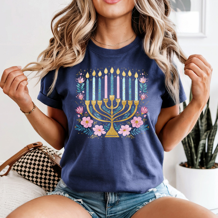 Hanukkah Menorah Comfort Colors Tee, Festival Of Lights Tee, Jewish Holiday Shirt, Faux Glitter Floral Menorah Graphic