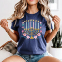 Small Navy Hanukkah Menorah Comfort Colors Tee, Festival Of Lights Tee, Jewish Holiday Shirt, Faux Glitter Floral Menorah Graphic