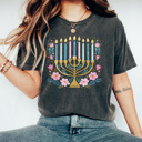 XL Pepper Hanukkah Menorah Comfort Colors Tee, Festival Of Lights Tee, Jewish Holiday Shirt, Faux Glitter Floral Menorah Graphic