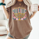  Hanukkah Menorah Comfort Colors Tee, Festival Of Lights Tee, Jewish Holiday Shirt, Faux Glitter Floral Menorah Graphic