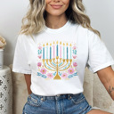  Hanukkah Menorah Comfort Colors Tee, Festival Of Lights Tee, Jewish Holiday Shirt, Faux Glitter Floral Menorah Graphic