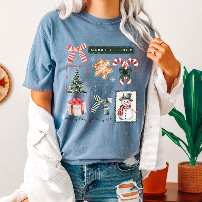 Merry And Bright Christmas Comfort Colors Tee, Holiday Collage Shirt, Snowman, Christmas Tree, Candy Can