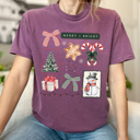 XL Berry Merry And Bright Christmas Comfort Colors Tee, Holiday Collage Shirt, Snowman, Christmas Tree, Candy Can