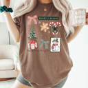 XXL Espresso Merry And Bright Christmas Comfort Colors Tee, Holiday Collage Shirt, Snowman, Christmas Tree, Candy Can