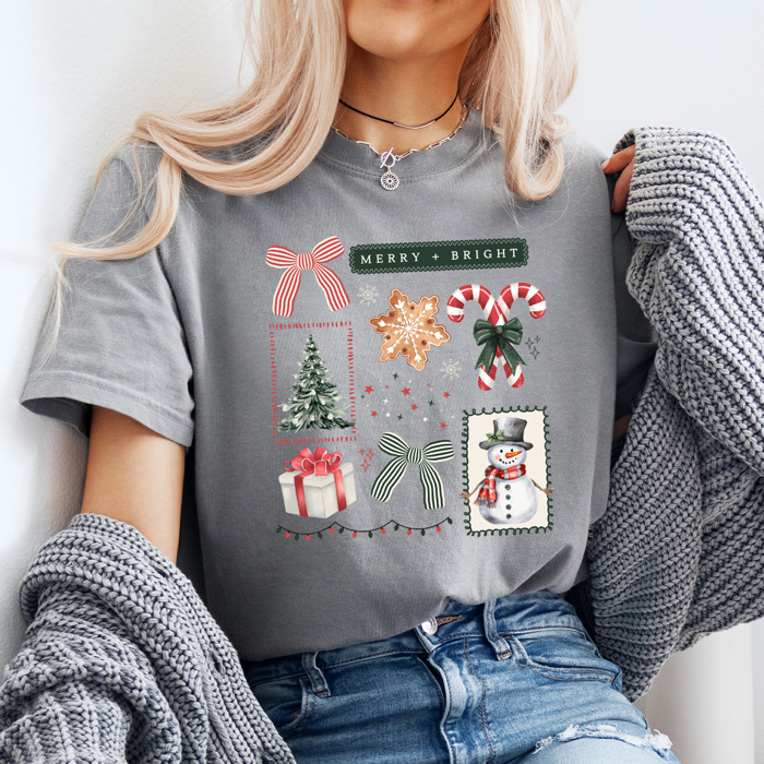 Merry And Bright Christmas Comfort Colors Tee, Holiday Collage Shirt, Snowman, Christmas Tree, Candy Can