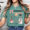 XL Light Green Merry And Bright Christmas Comfort Colors Tee, Holiday Collage Shirt, Snowman, Christmas Tree, Candy Can