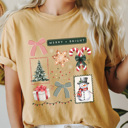 XL Mustard Merry And Bright Christmas Comfort Colors Tee, Holiday Collage Shirt, Snowman, Christmas Tree, Candy Can