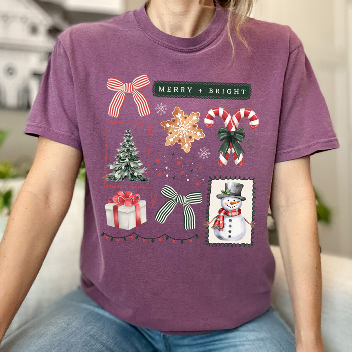 Merry And Bright Christmas Comfort Colors Tee, Holiday Collage Shirt, Snowman, Christmas Tree, Candy Can