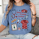 Medium Blue Jean Merry And Caring Christmas Comfort Colors Tee, Nurse Holiday Graphic Tee, Christmas Doctor Shirt 