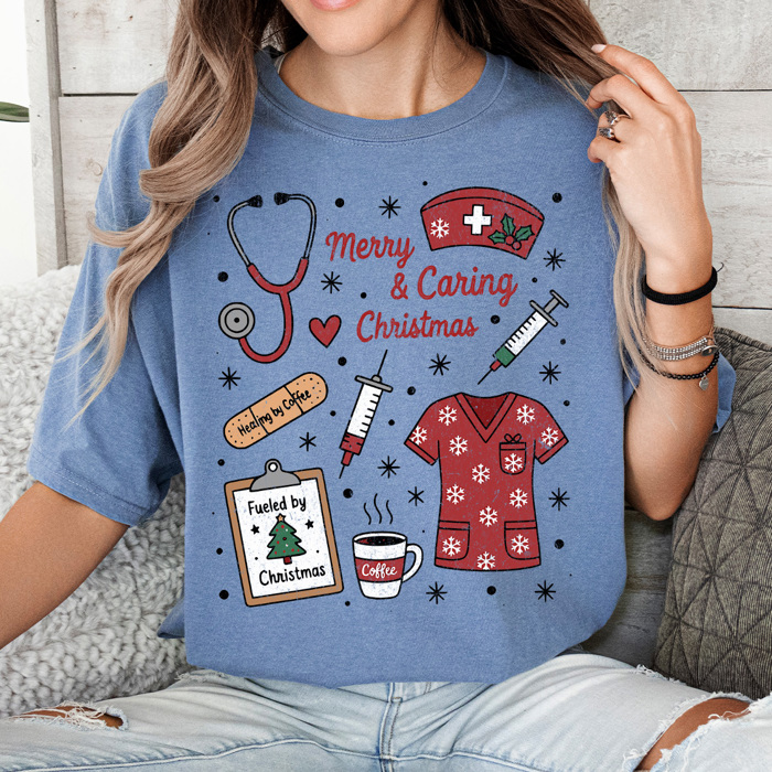 Merry And Caring Christmas Comfort Colors Tee, Nurse Holiday Graphic Tee, Christmas Doctor Shirt 