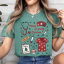 Large Light Green Merry And Caring Christmas Comfort Colors Tee, Nurse Holiday Graphic Tee, Christmas Doctor Shirt 