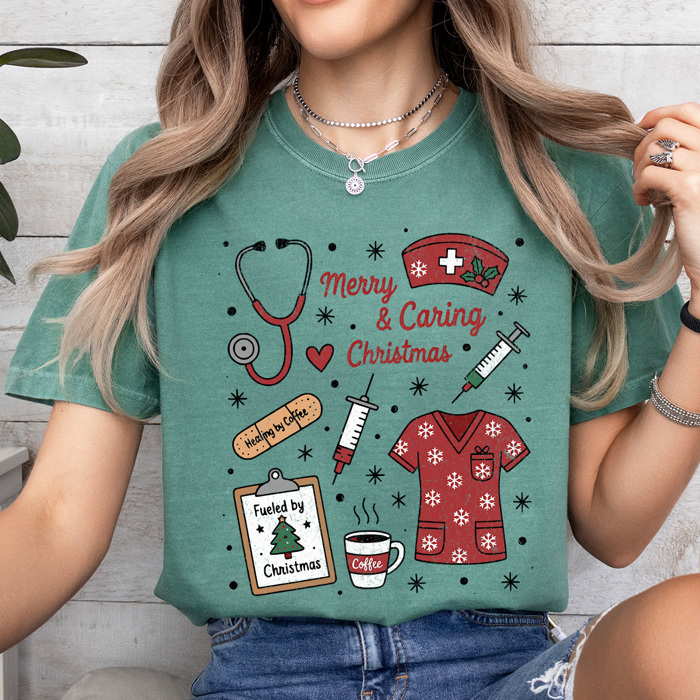 Merry And Caring Christmas Comfort Colors Tee, Nurse Holiday Graphic Tee, Christmas Doctor Shirt 