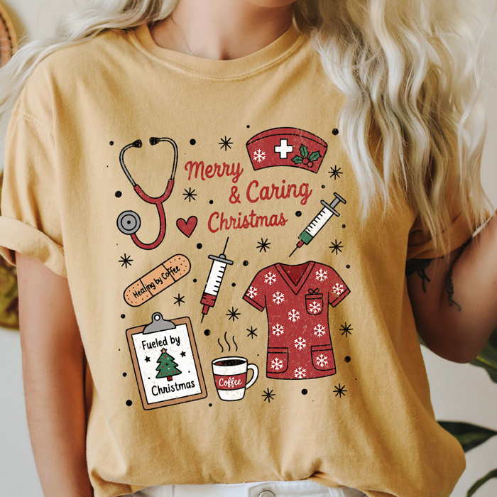 Merry And Caring Christmas Comfort Colors Tee, Nurse Holiday Graphic Tee, Christmas Doctor Shirt 