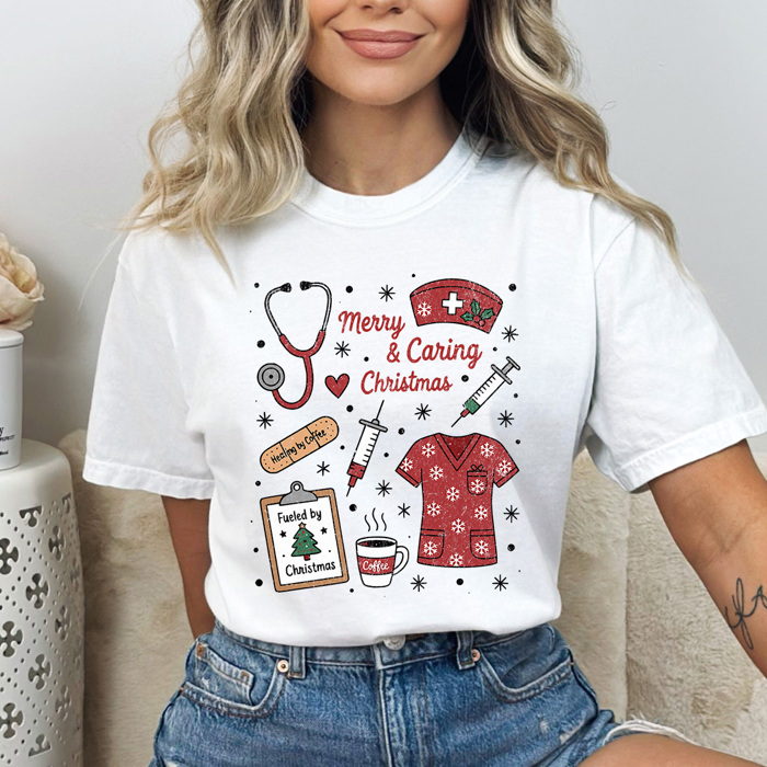 Merry And Caring Christmas Comfort Colors Tee, Nurse Holiday Graphic Tee, Christmas Doctor Shirt 