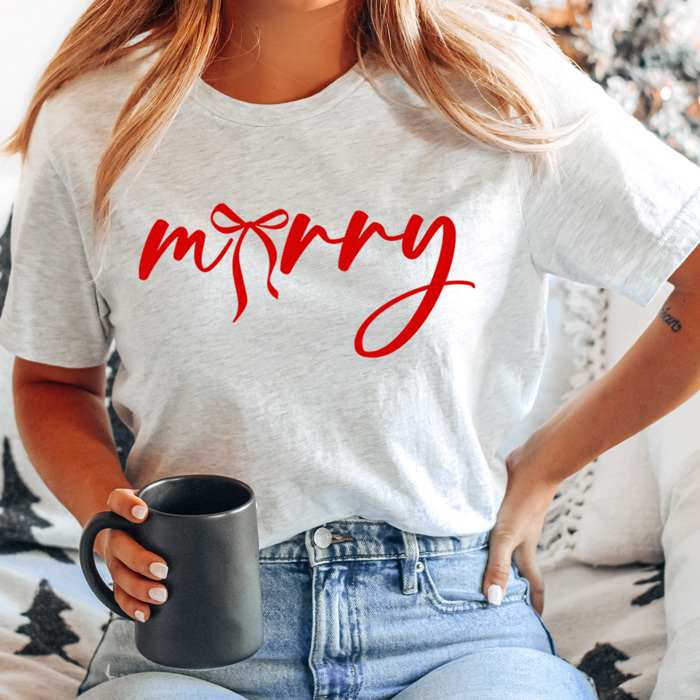 Merry Bow Christmas Graphic Tee, Holiday Coquette Shirt, Girly Christmas Tee