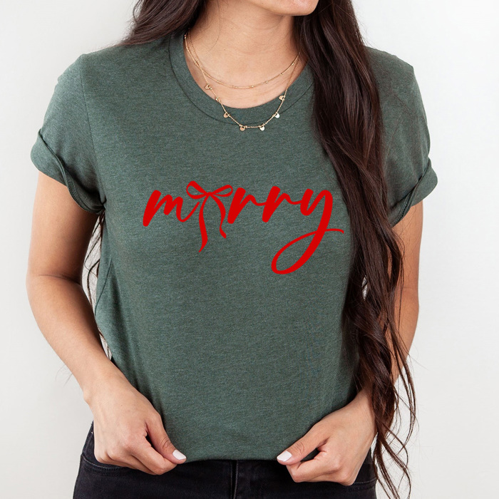 Merry Bow Christmas Graphic Tee, Holiday Coquette Shirt, Girly Christmas Tee