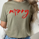 Large Olive Merry Bow Christmas Graphic Tee, Holiday Coquette Shirt, Girly Christmas Tee