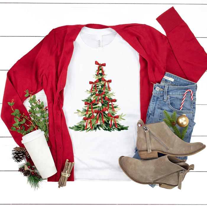 Christmas Tree Bow Graphic Tee, Coquette Holiday Tee, Christmas Tree Shirt 