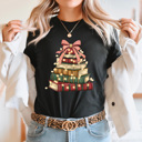 Medium Black Holiday Vintage Book Tree Graphic Tee, Christmas Book Stack Shirt, Festive Reading Tee