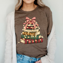 Large Brown Holiday Vintage Book Tree Graphic Tee, Christmas Book Stack Shirt, Festive Reading Tee