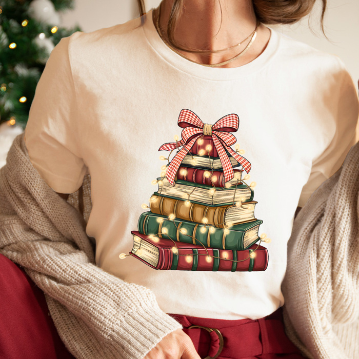 Holiday Vintage Book Tree Graphic Tee, Christmas Book Stack Shirt, Festive Reading Tee