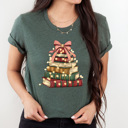 XL Forest Green Holiday Vintage Book Tree Graphic Tee, Christmas Book Stack Shirt, Festive Reading Tee