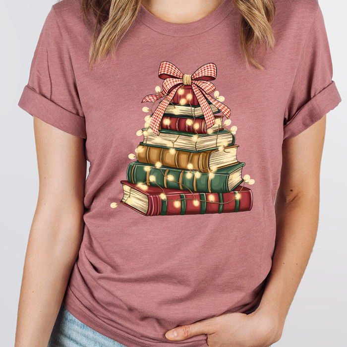 Holiday Vintage Book Tree Graphic Tee, Christmas Book Stack Shirt, Festive Reading Tee