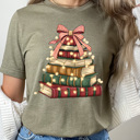 Large Olive Holiday Vintage Book Tree Graphic Tee, Christmas Book Stack Shirt, Festive Reading Tee