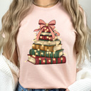 Large Peach Holiday Vintage Book Tree Graphic Tee, Christmas Book Stack Shirt, Festive Reading Tee