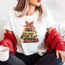 Large White Holiday Vintage Book Tree Graphic Tee, Christmas Book Stack Shirt, Festive Reading Tee