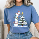 Medium Blue Jean Festive Snowmen Comfort Colors Tee, Winter Snow Graphic Tee, Snowman Shirt