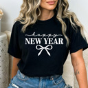 Small Black Happy New Year Bow Comfort Colors Tee, Coquette New Years Graphic Tee, 2026 New Years Party Shirt