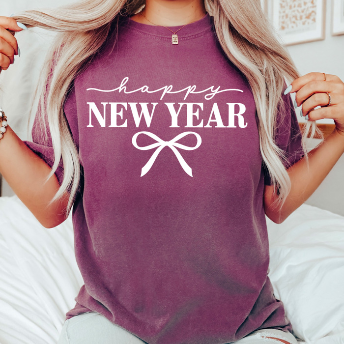 Happy New Year Bow Comfort Colors Tee, Coquette New Years Graphic Tee, 2026 New Years Party Shirt